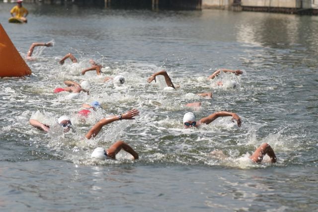 Learn more about the basics of your first race swim. Photo provided by Spomedis/ Triathlon.org.