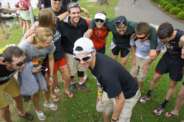 Jesse Frank leading the team cheer before the "super-sprint" relay race. Photo: Dave Sheanin