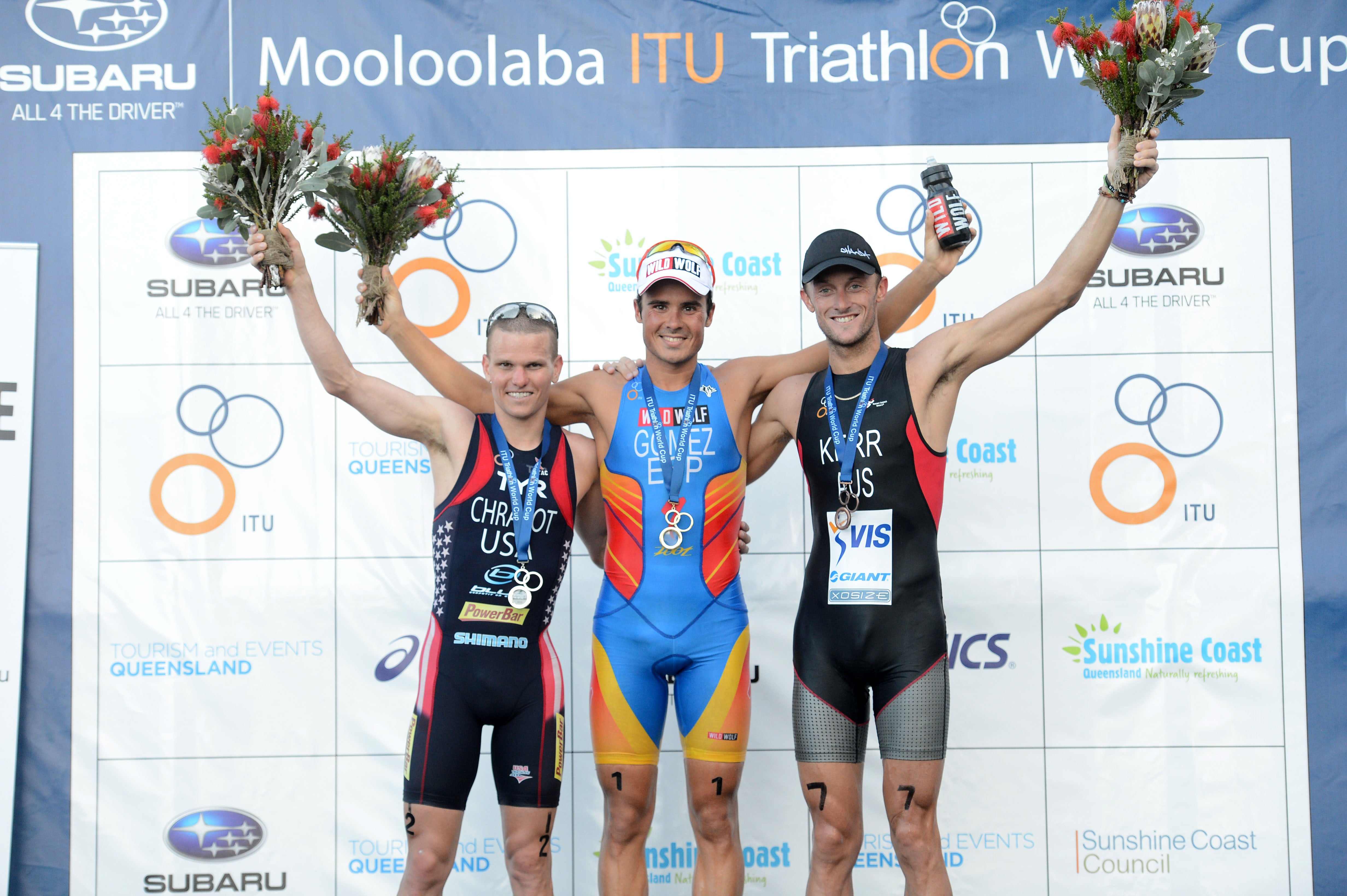Javier Gomez, Matt Chrabot and Peter Kerr on the podium at the first ITU World Cup of the season. Photo: Delly Carr/Triathlon.org