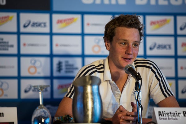 Alistair Brownlee chats with the media on Thursday before Saturday's ITU WTS San Diego race. Photo: Paul Phillips/Competitive Image