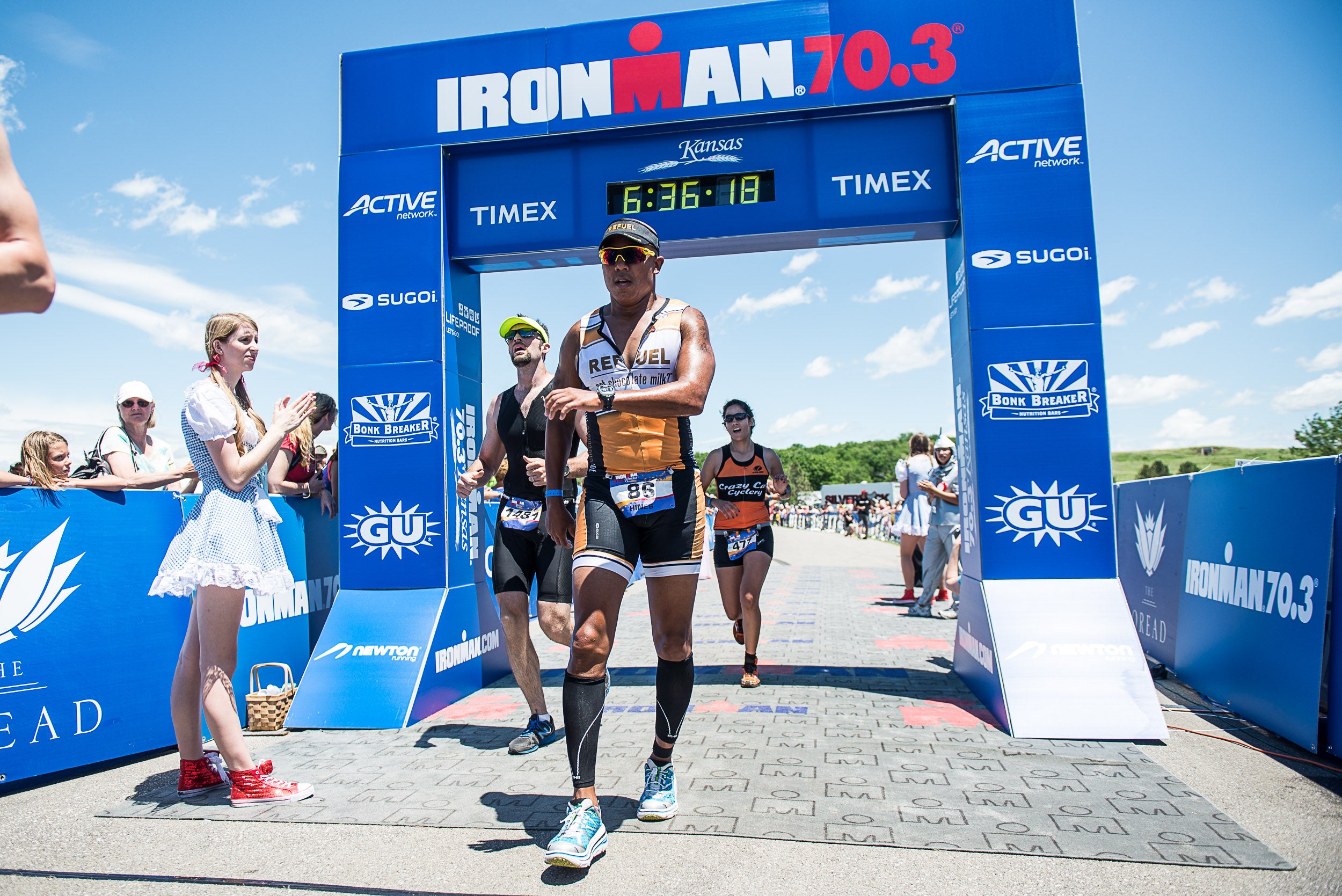 Hines Ward crosses the finish line in Kansas. Photo: Nils Nilsen/Ironman