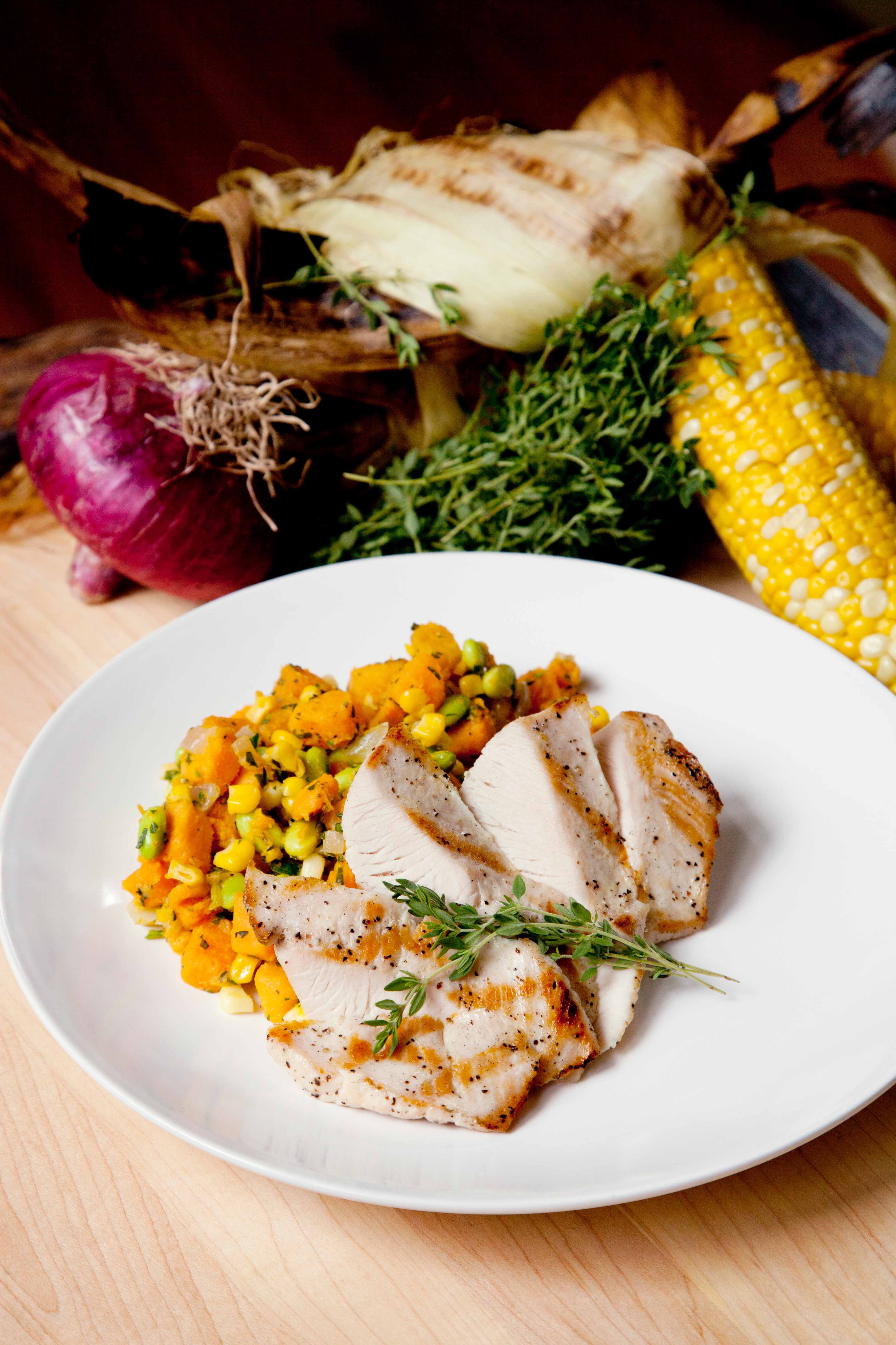 Sweet potato hash with grilled turkey. Photo: Sue Fan