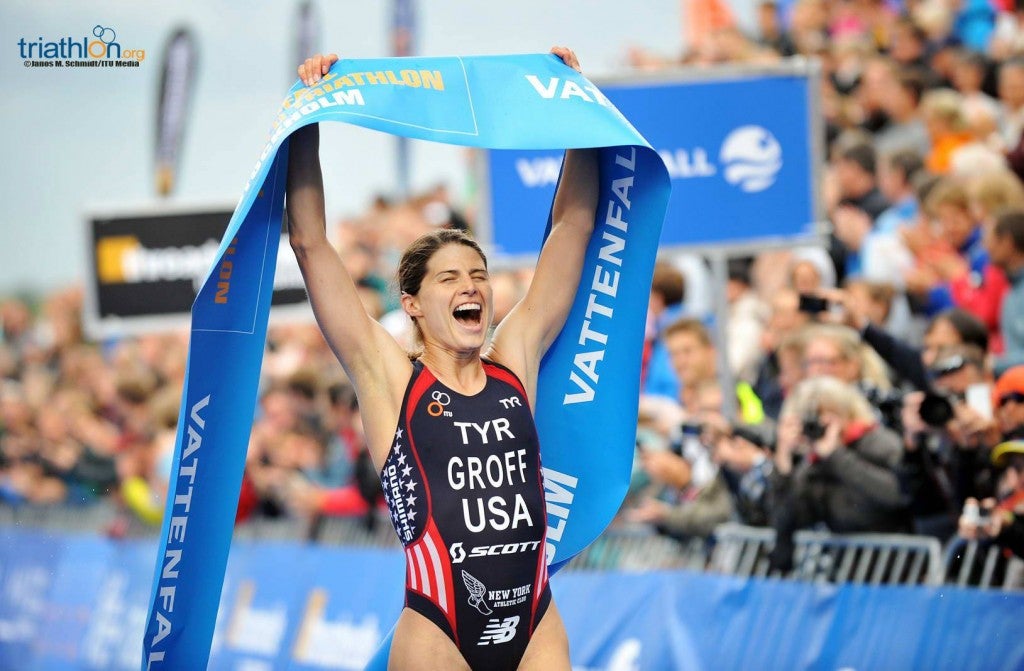 Sarah Groff celebrates the big victory. Photo: Janos Schmidt/Triathlon.org