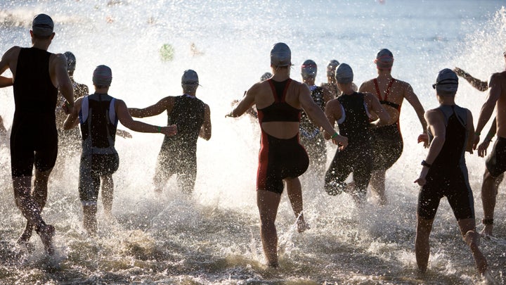 Athletes dive in after completing their beginner triathlon training program.