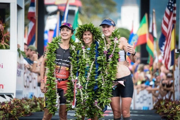 The women's podium at the 2014 Ironman World Championship: Rachel Joyce (3rd), Mirinda Carfrae (1st) and Daniela Ryf (2nd). Photo: John David Becker
