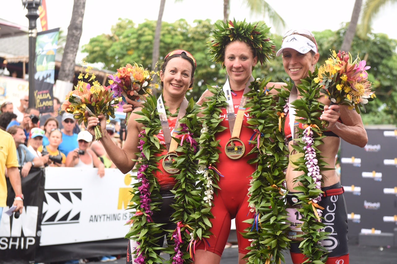 The women's podium: Rachel Joyce (2nd), Daniela Ryf (1st) and Liz Blatchford (3rd). Photo: John David Becker