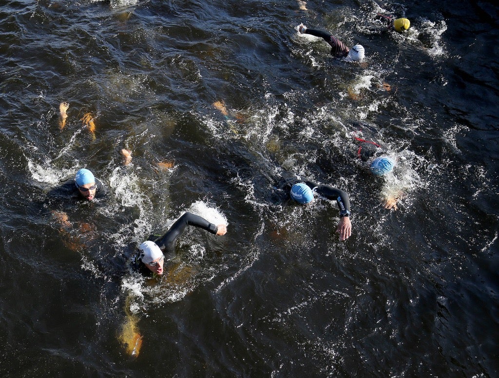 Athletes compete during the swim section of the 2017 Ironman 70.3 Jonkoping in Jonkoping, Sweden. Photo by Nigel Roddis/Getty Images for Ironman