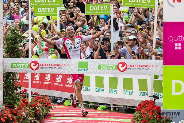 Defending two-time Ironman world champion Jan Frodeno holds the current iron-distance world record—a 7:35:39 posted this year at Challenge Roth. Photo: Paul Phillips/Competitive Image/<a href=http://twitter.com/compimagephoto>@Compimagephoto</a>