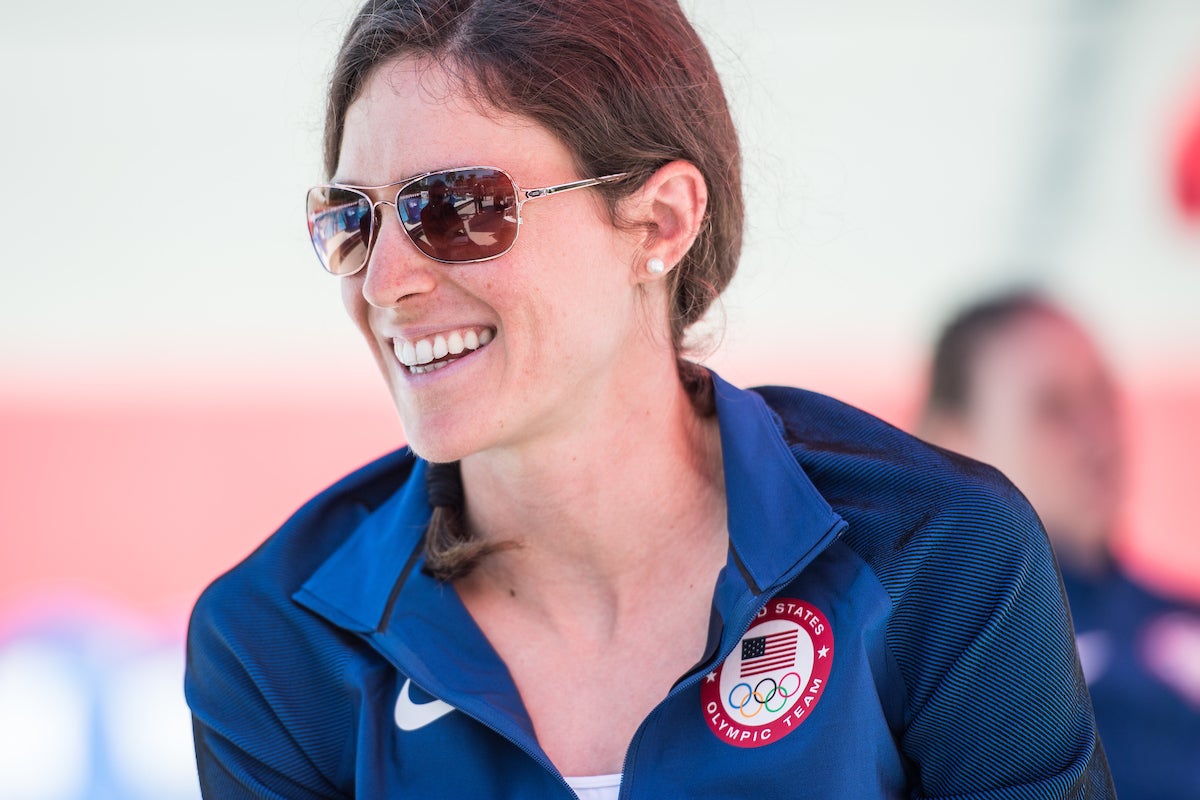 Jorgensen chats with the media before the 2016 Rio Olympics. Photo: Nils Nilsen/USA Triathlon