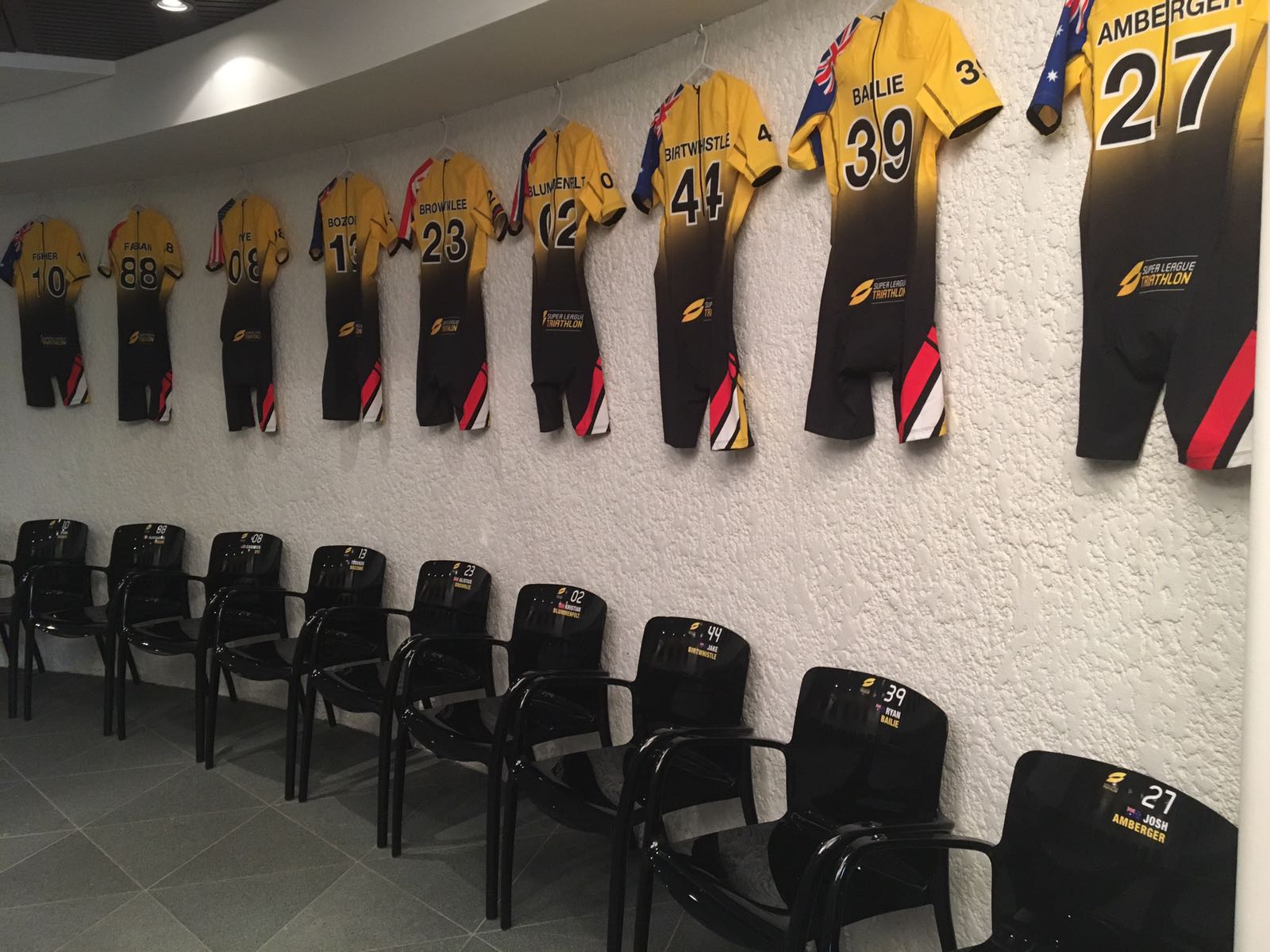 The athletes' jerseys wait for them in Hamilton Island. Photo provided by Super League Triathlon.