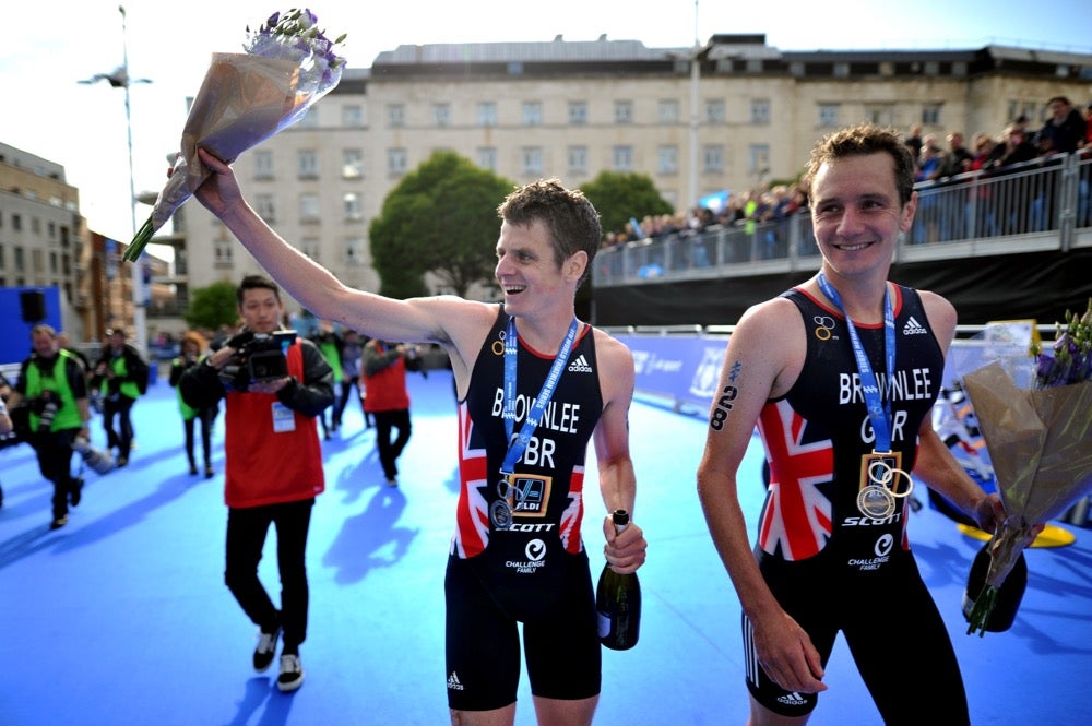 The Brownlee brothers acknowledge the crowd in Leeds. Photo: Janos Schmidt/Triathlon.org