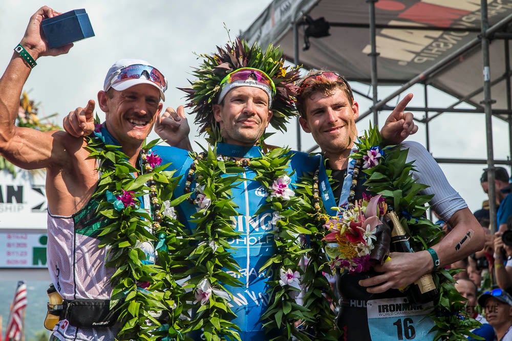 The 2017 men's podium (L to R): Lionel Sanders (CAN), Patrick Lange (GER), and David McNamee (GBR); second, first, and third, respectively. Photo: Paul Phillips/Competitive Image