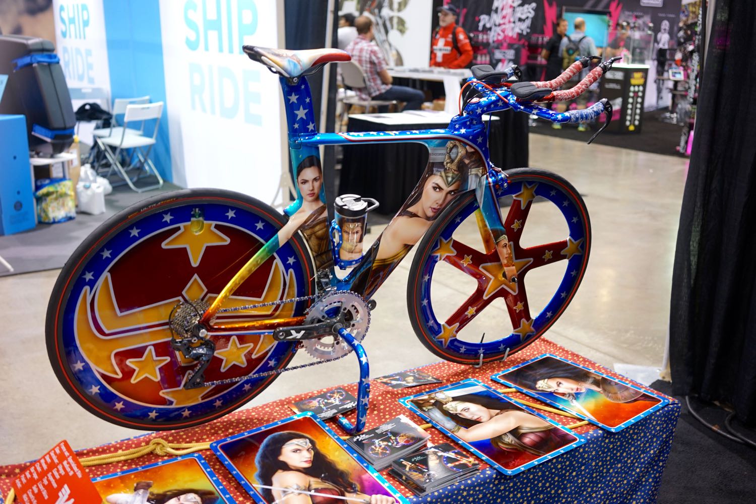 Though not exactly a new bike (those are few and far between at the show this year), this super unique Wonder Woman-themed airbrush paint job from Reno local <a href=https://www.nickleeairbrushing.com>Nick Lee</a> was on display at the Smart Bike Washer booth.