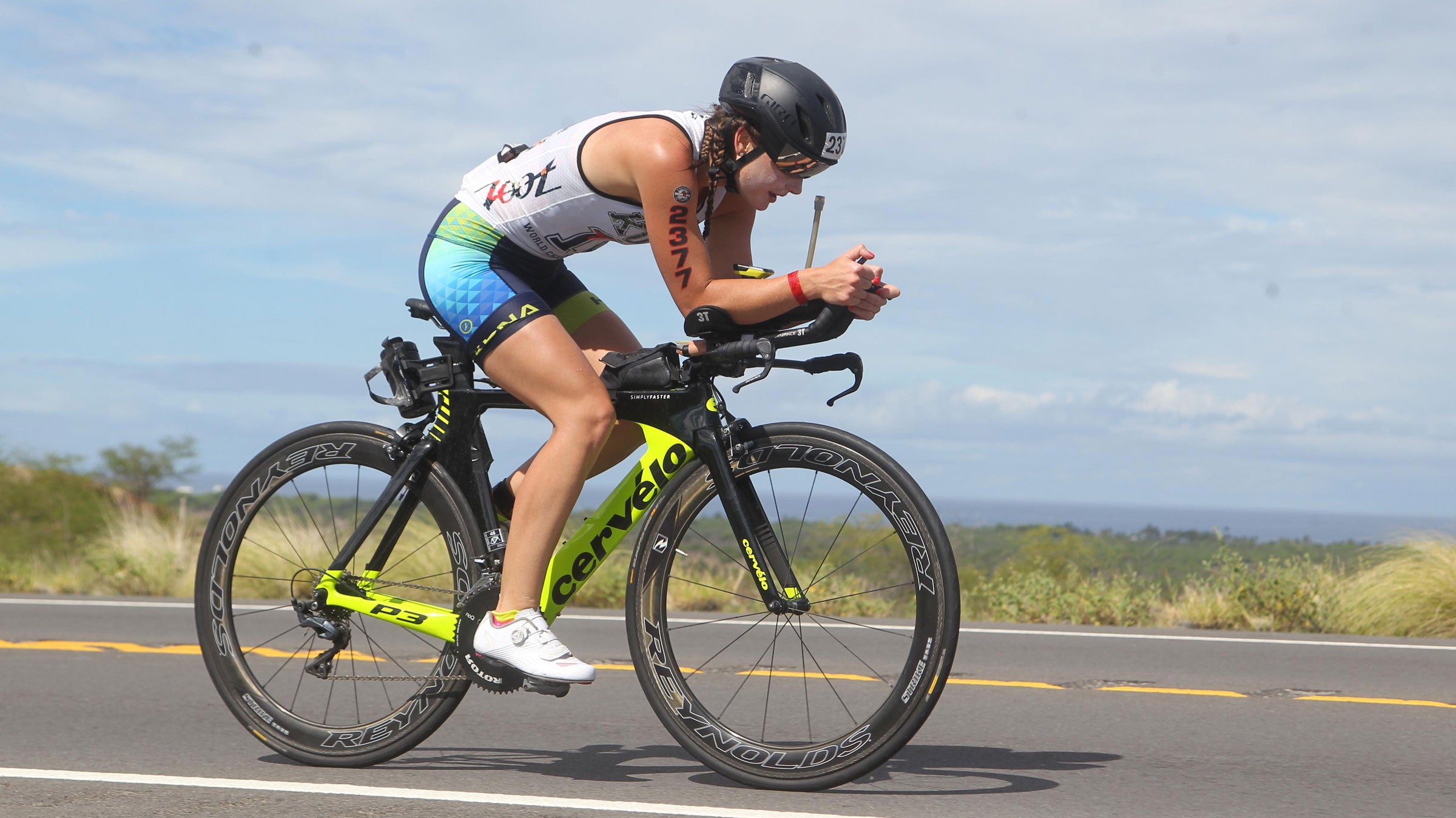 Lucy Strack competing in the cycling leg of a triathlon