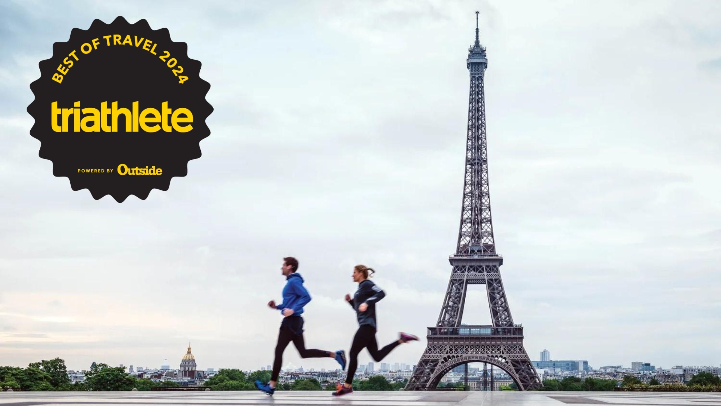 a man and woman run through Paris, France, one of the best triathlon destinations for couples.