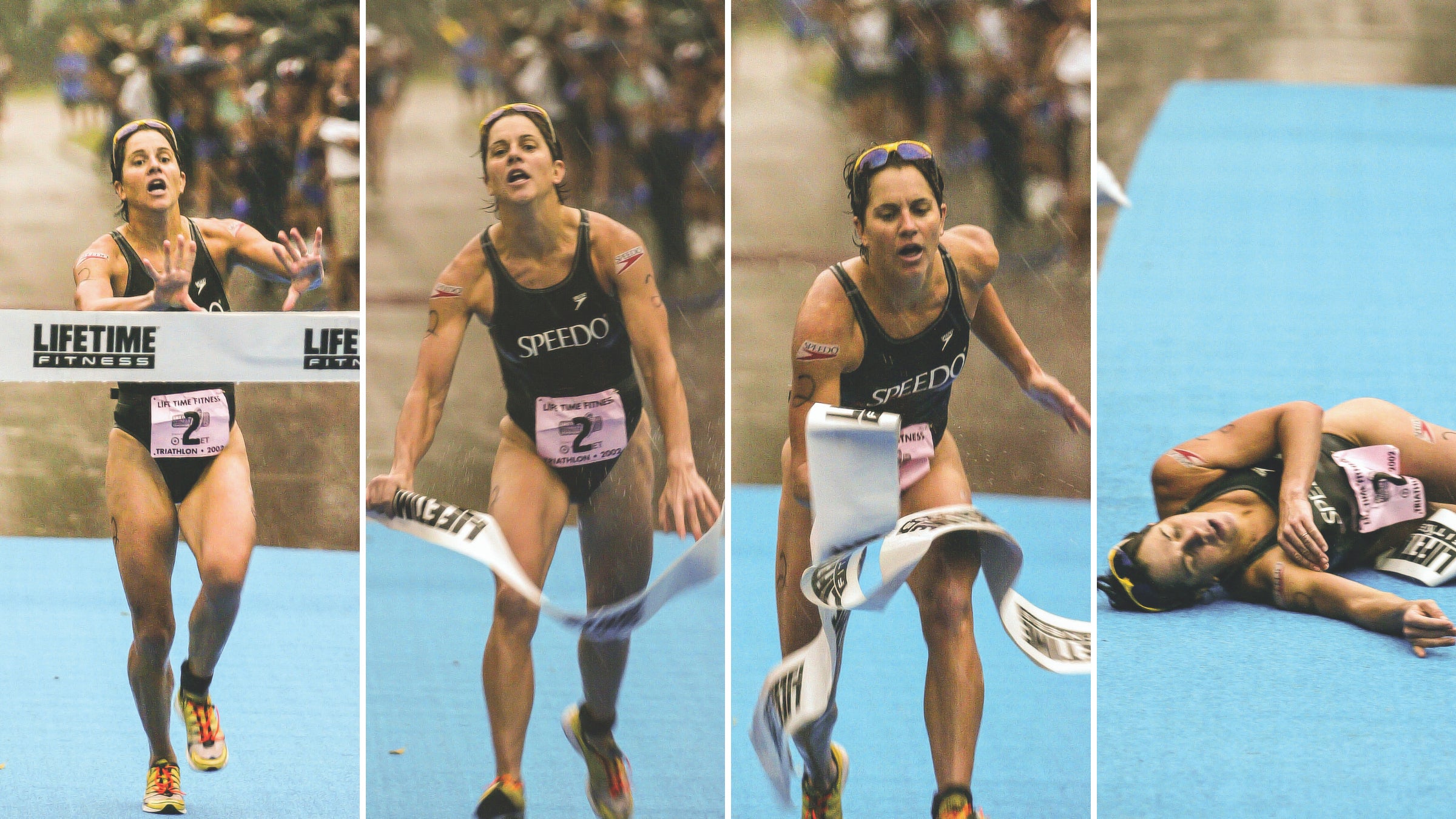 Barb Lindquist collapses after crossing the finish line.
