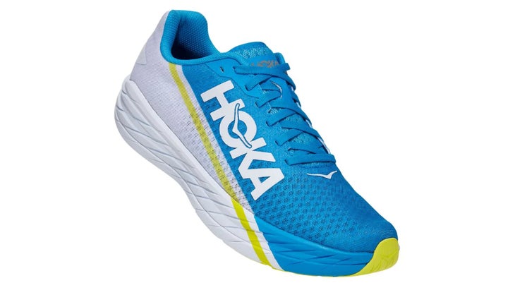 Blue, yellow, and white HOKA Rocket X