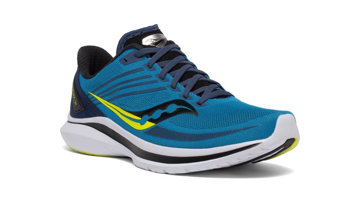 White, blue, and black Saucony Kinvara 12 with yellow accent
