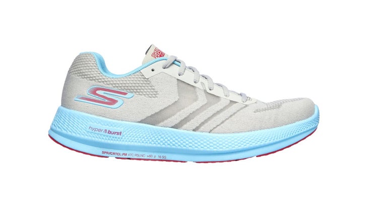 Blue and gray Skechers GOrun Razor+ Hyper with pink accents