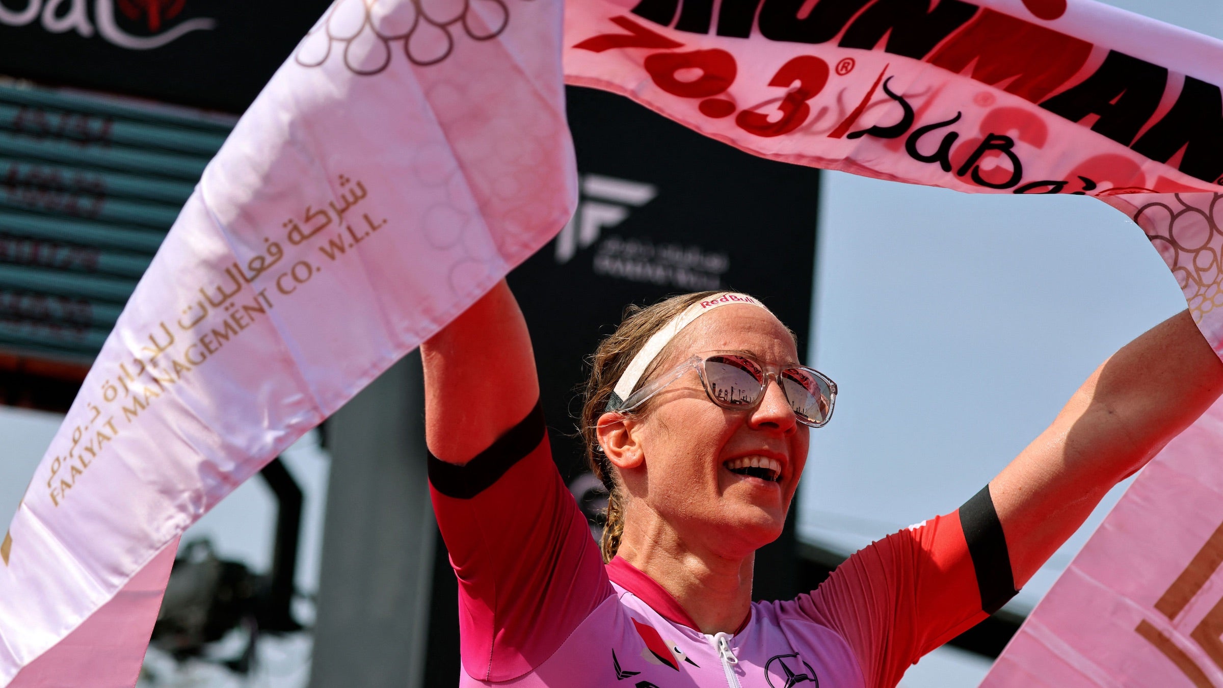 Daniela Ryf celebrates after winning Dubai 70.3 in March, 2021.