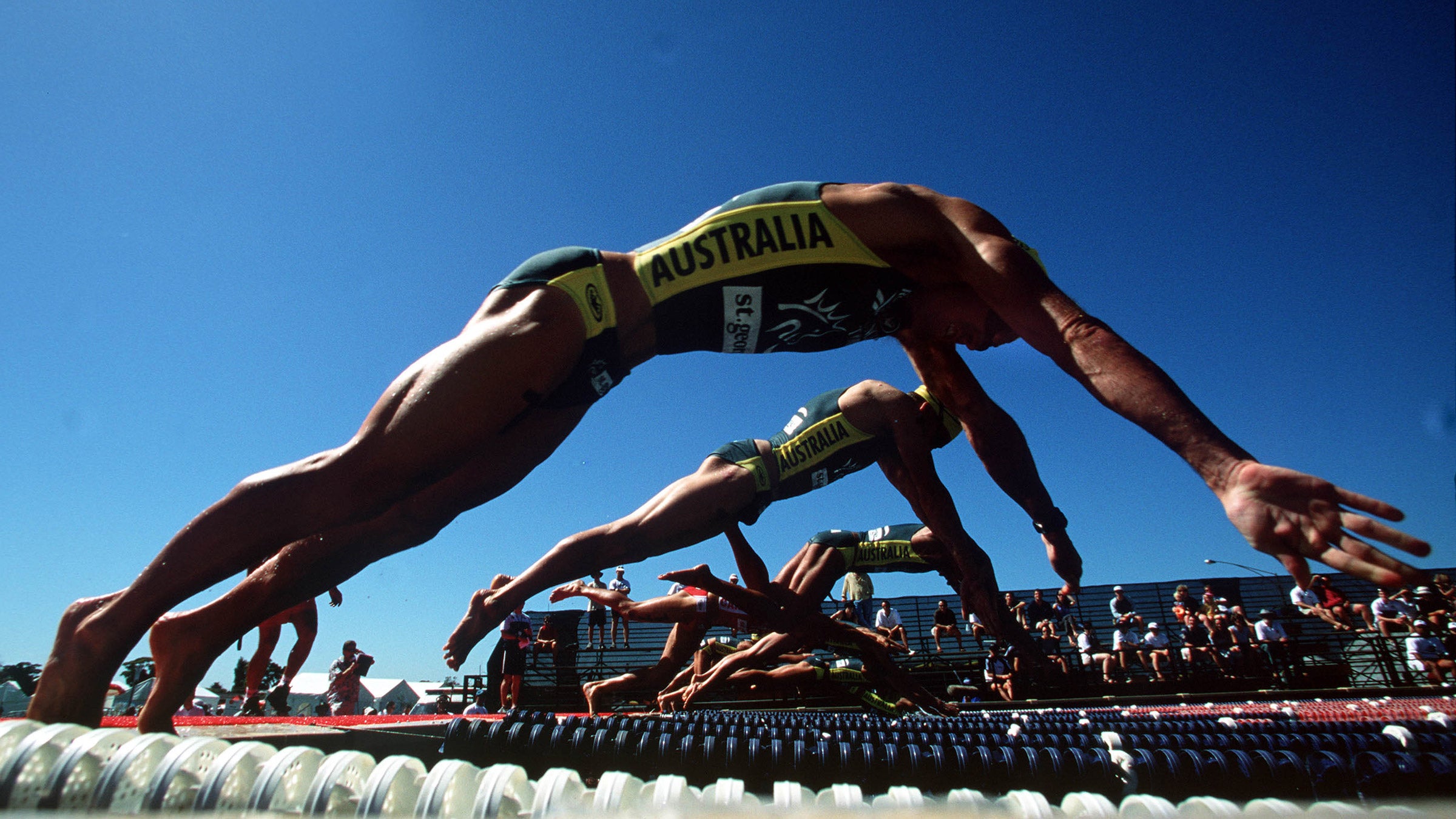Brad Beven of Queensland leads the field into the pool for heat 1 of the St George F1 triathlon, part of One Summer, held at Elwood Beach, Melbourne, Australia.