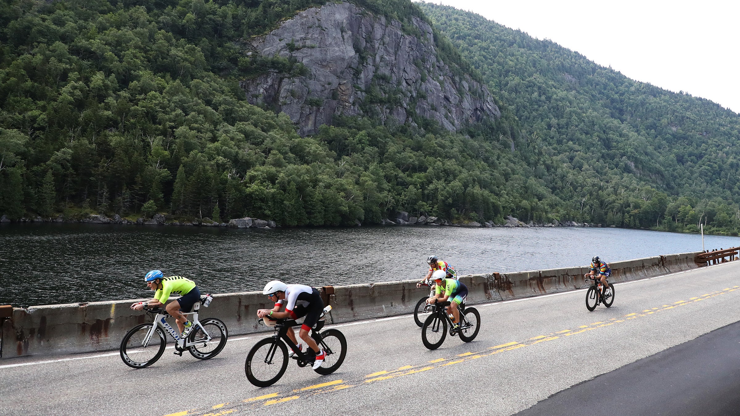 Athletes compete in the 2019 Ironman Lake Placid triathlon.