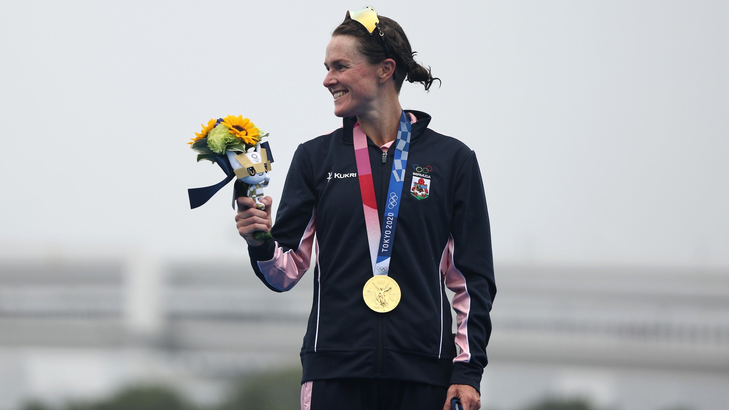 Flora Duffy celebrates her historic gold medal.