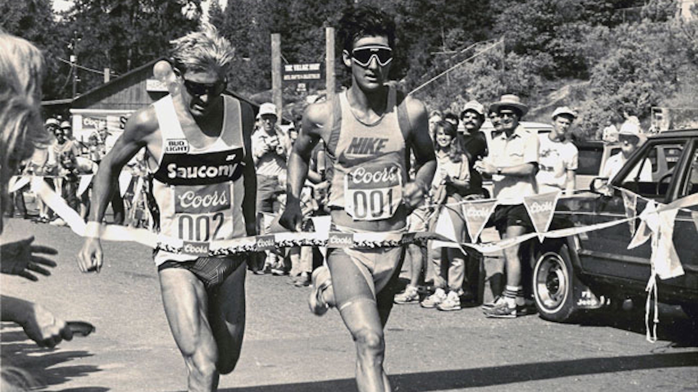 Scott Tinley and Scott Molina at the Bass Lake Triathlon in 1985.