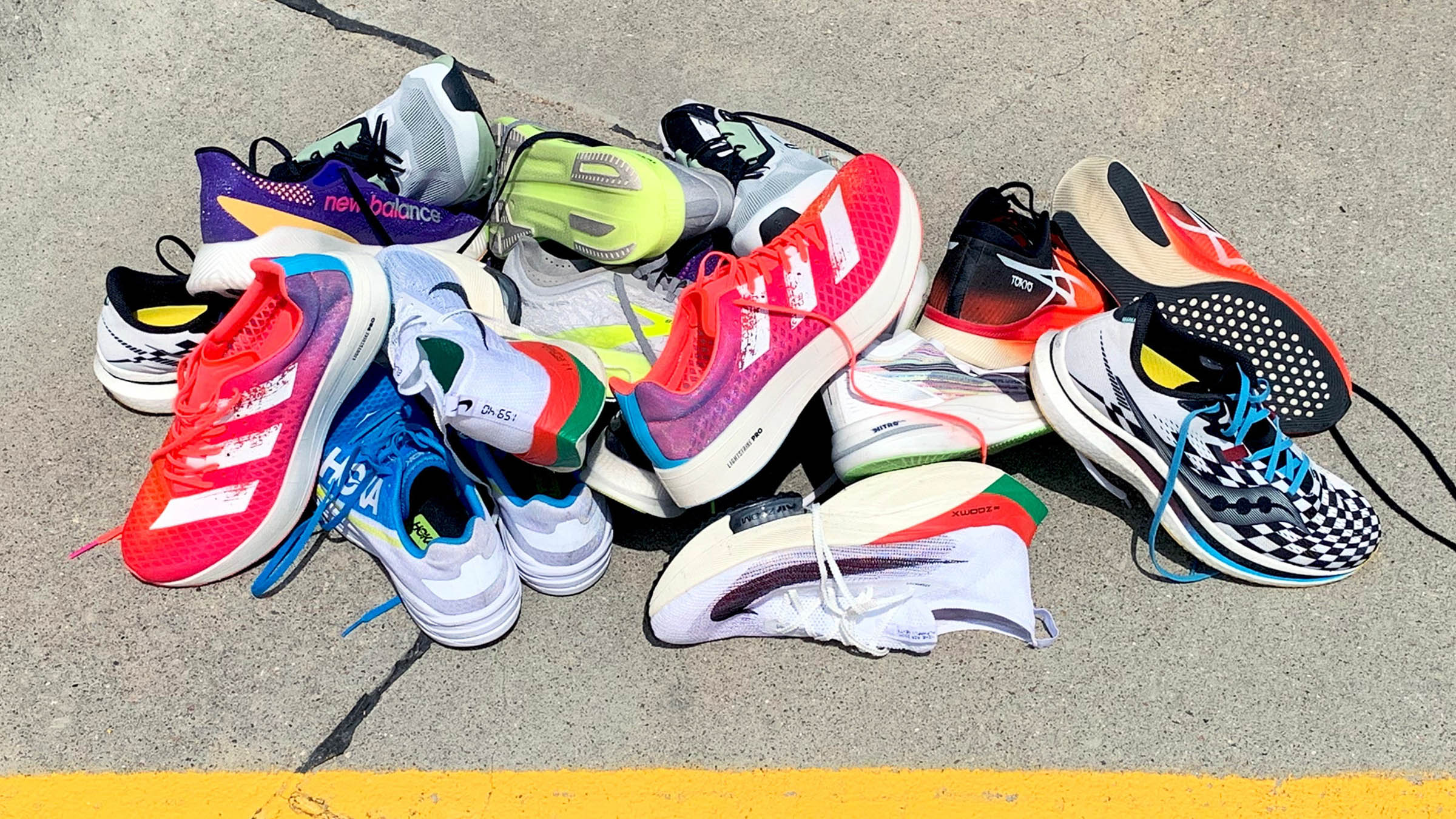 Pile of super shoes on road