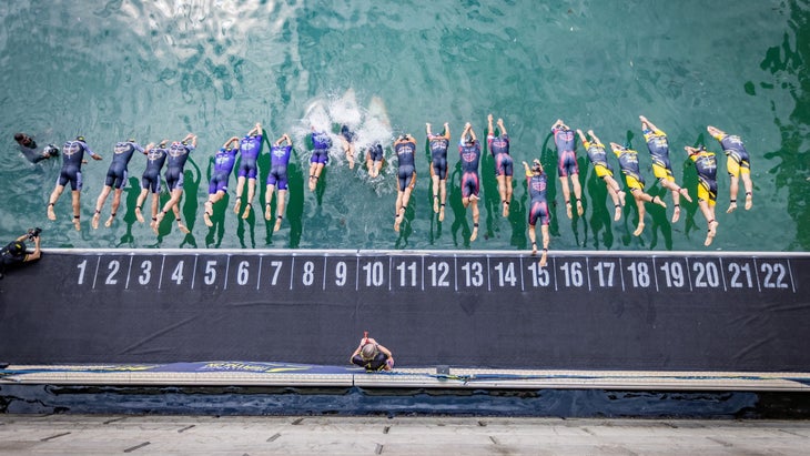 Athletes dive in at the start of Super League triathlon, which will be streaming for fans to watch this year.