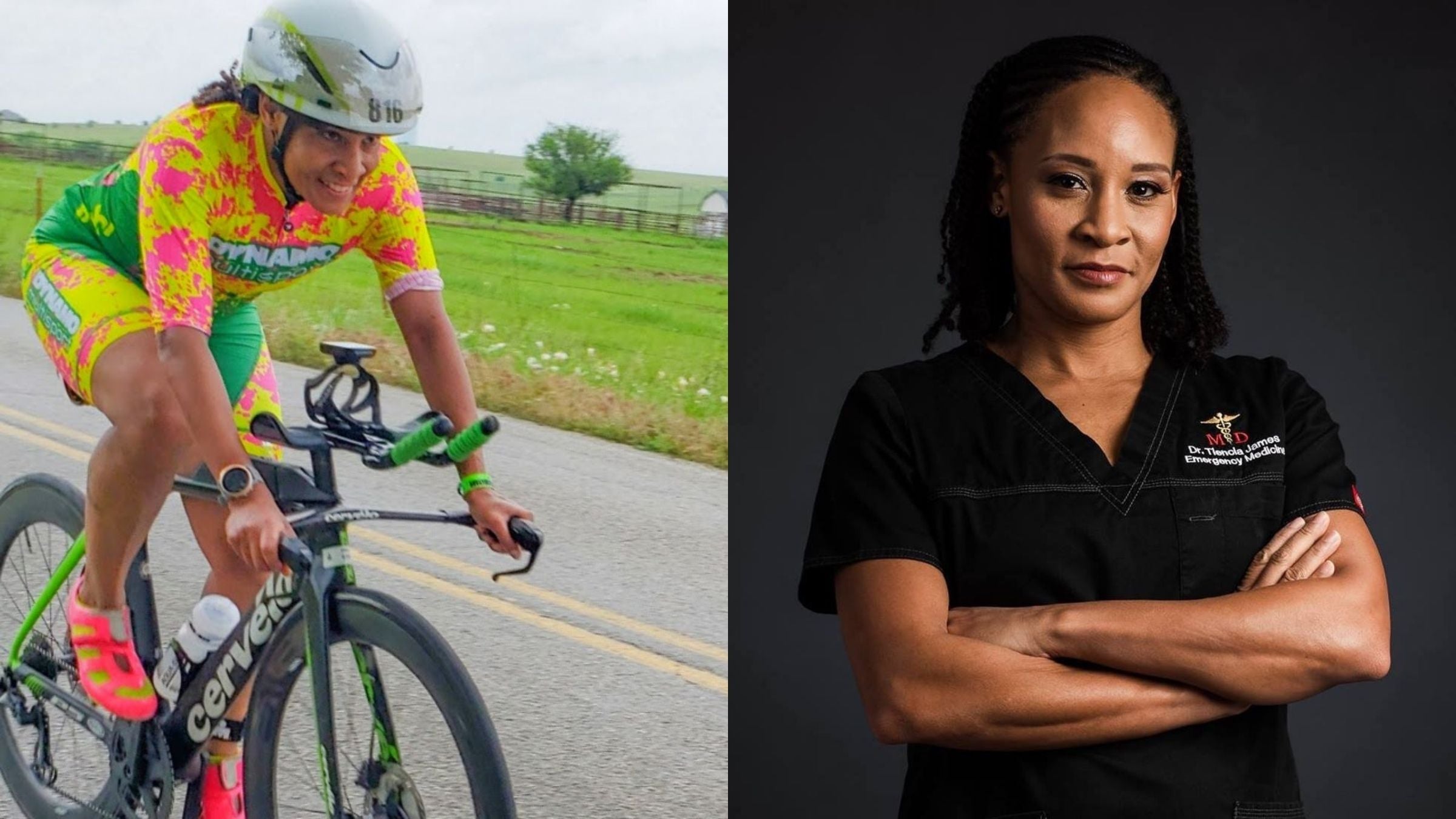 A split screen of Tiencia James, as a triathlete on one side, and as a physician on the other.