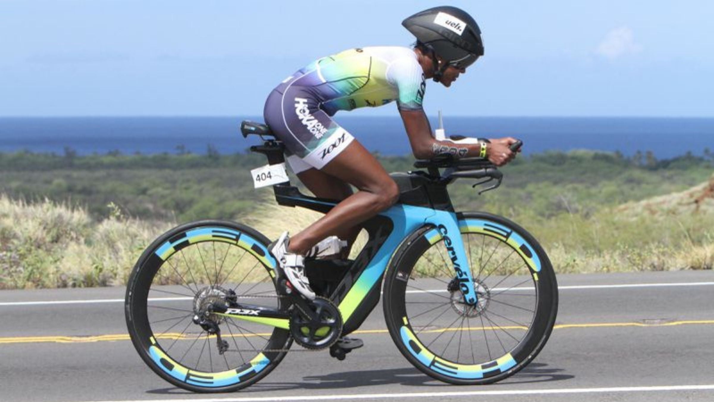 Pro triathlete Sika Henry rides a Cervelo bike.