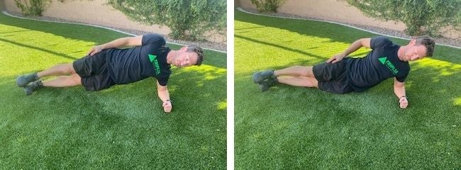 A triathlete does plank dips, one of the best core exercises for triathletes.