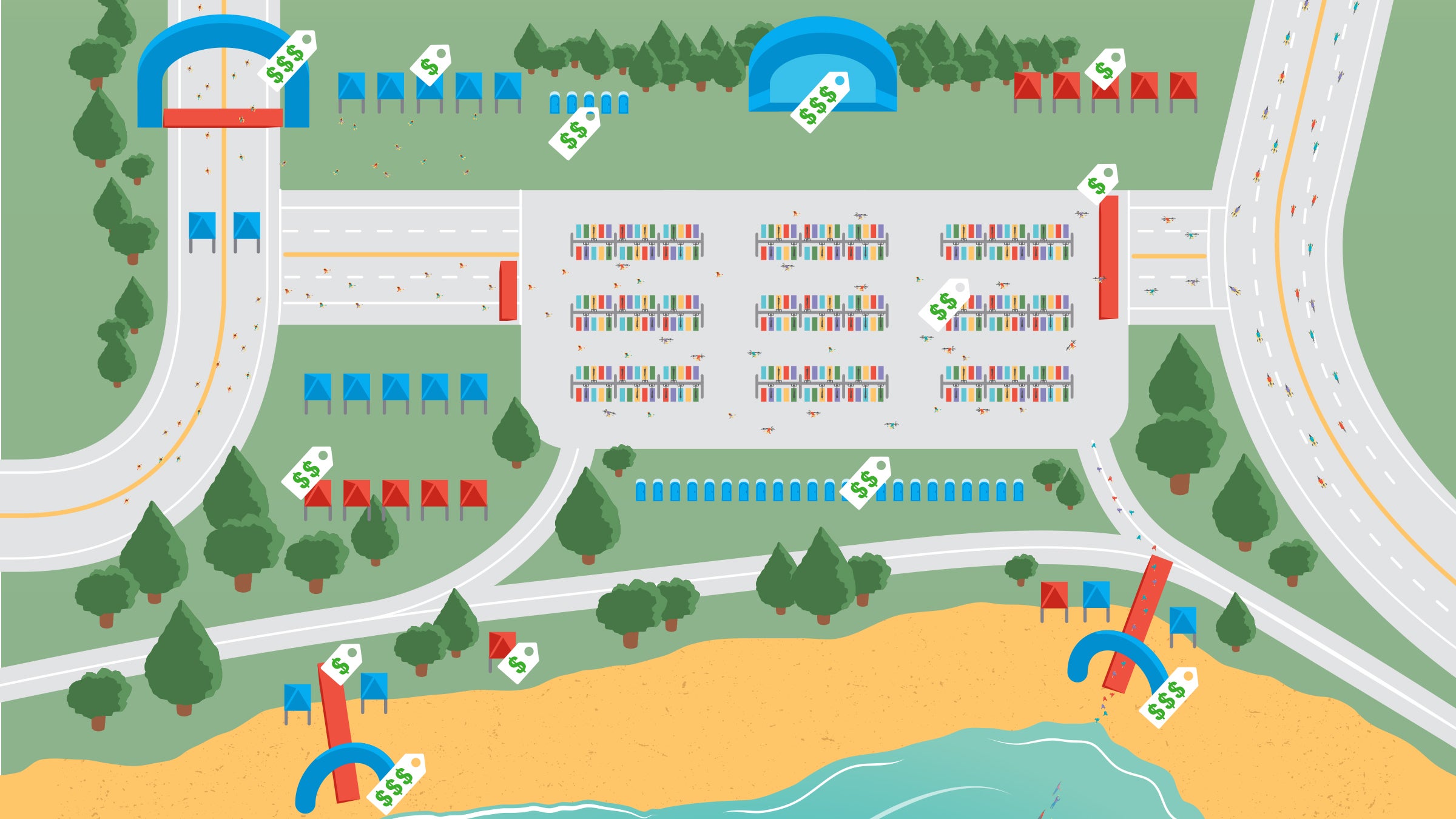 Triathlon venue from above with price tags on everything