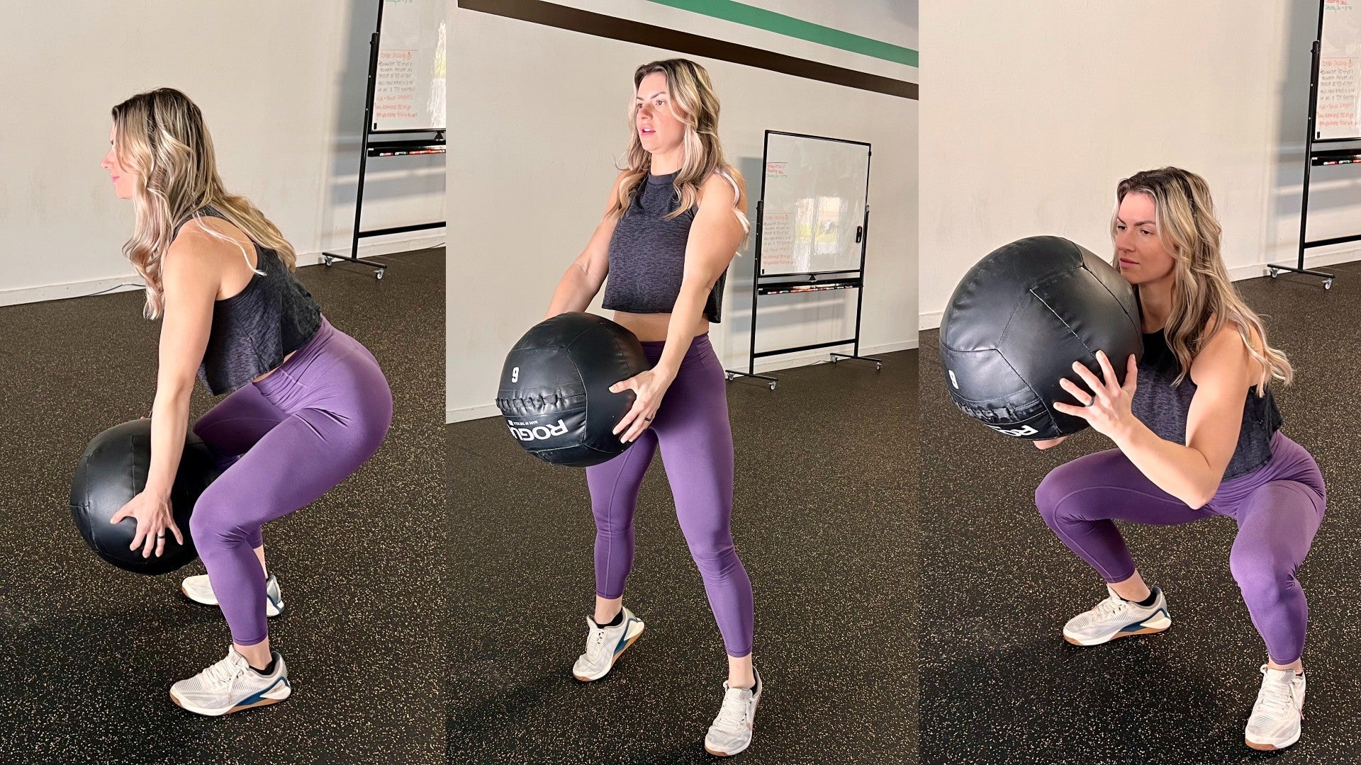 A woman does a medicine ball workout.