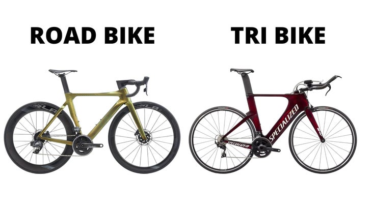 A photo showing the differences between a road bike and tri bike.