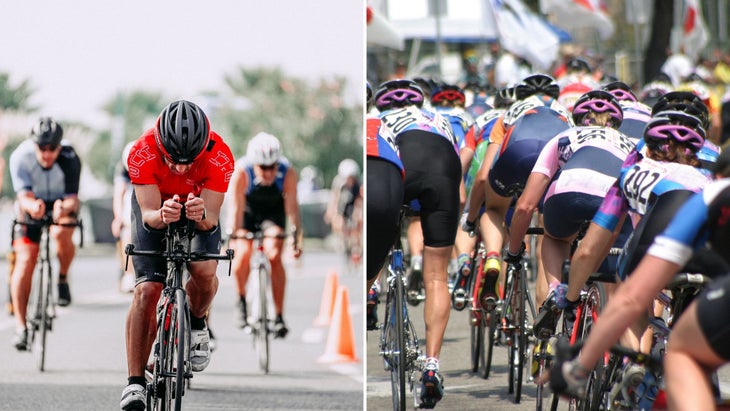 On the left, tri bikes in a race. On the right, road bikes in a race.