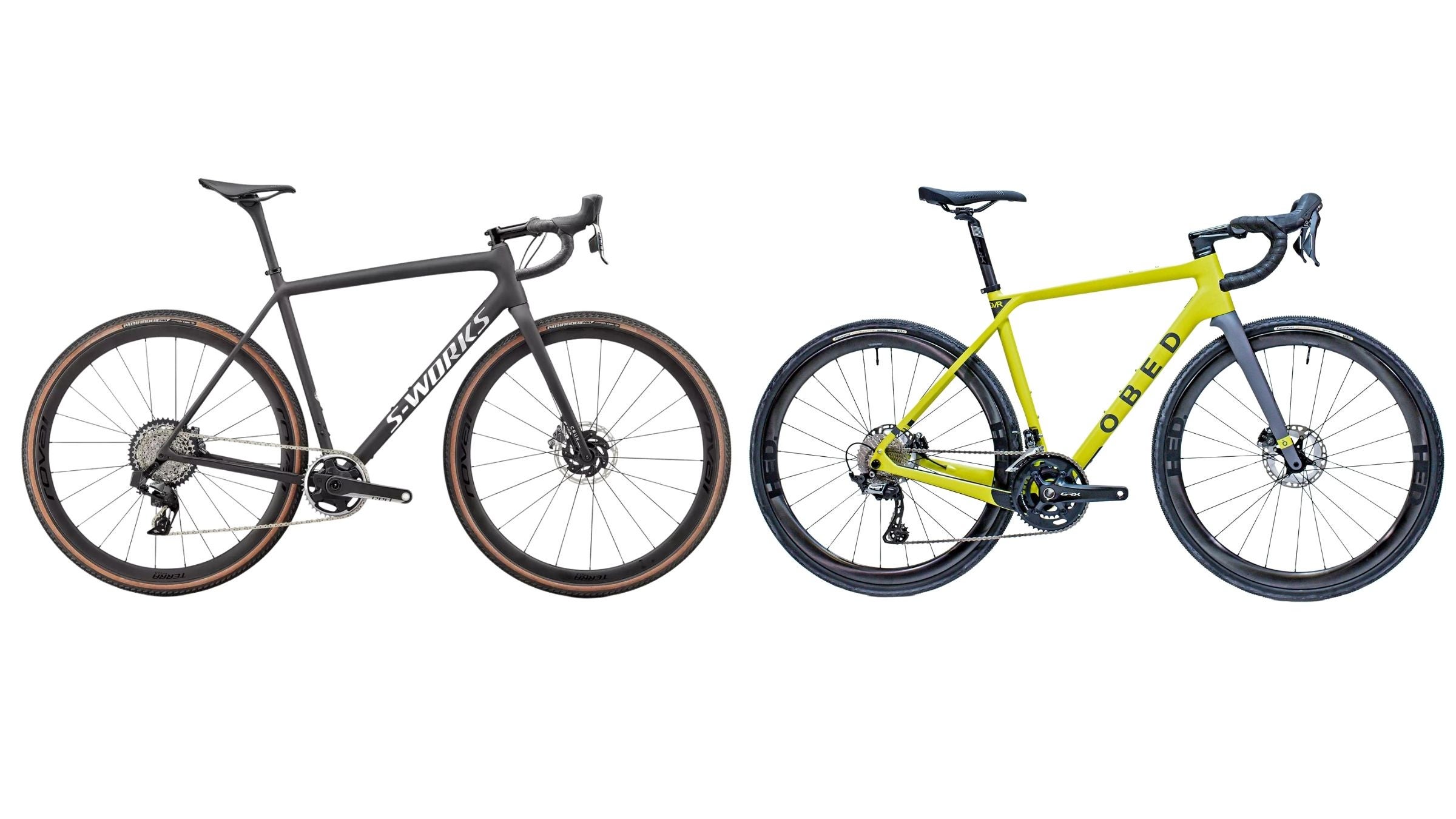 A side-by-side layout of the Specialized S-Works Crux and OBED GVR, both gravel bikes.