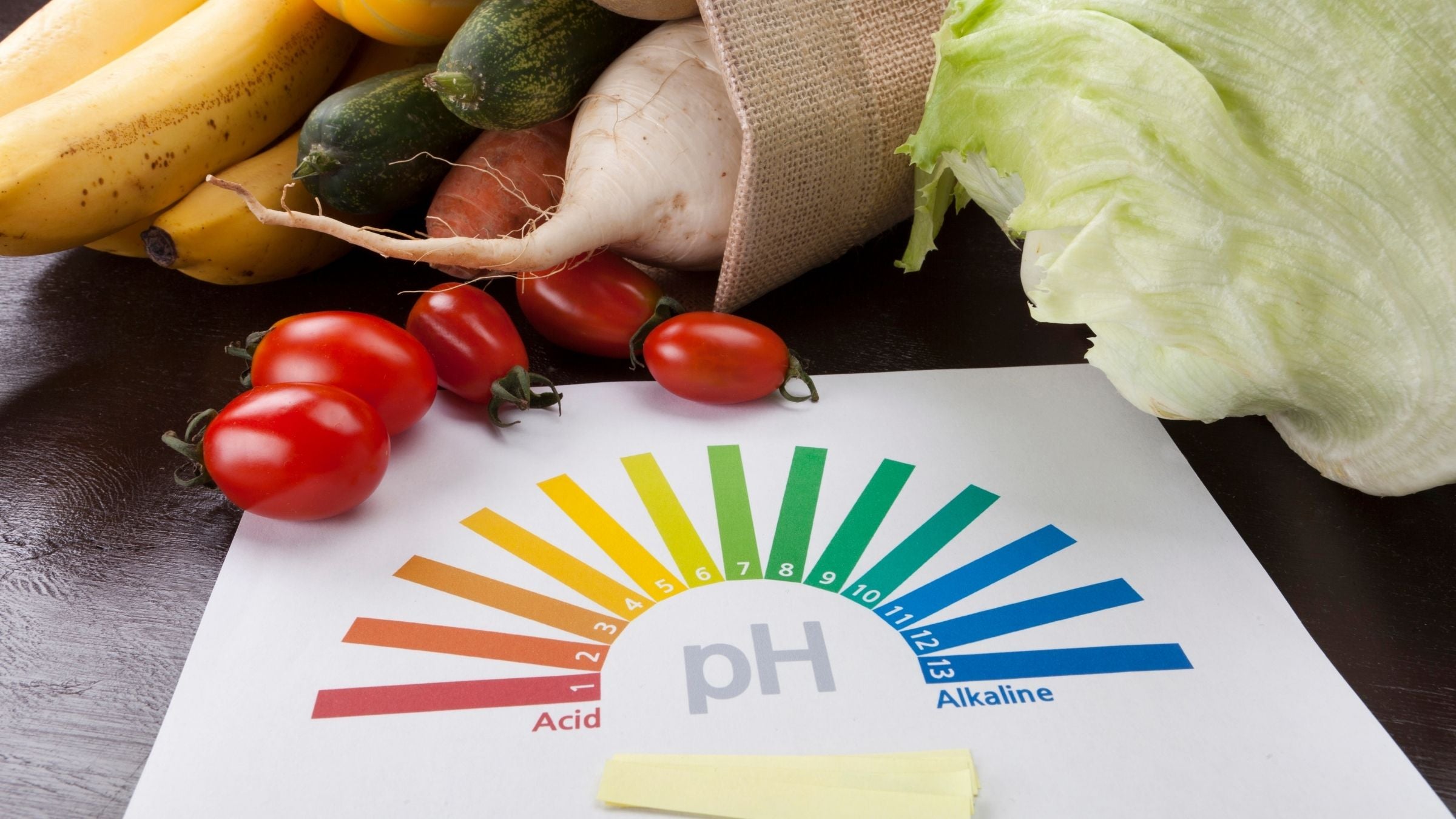 Vegetables surround a chart of alkaline diet for athletes.