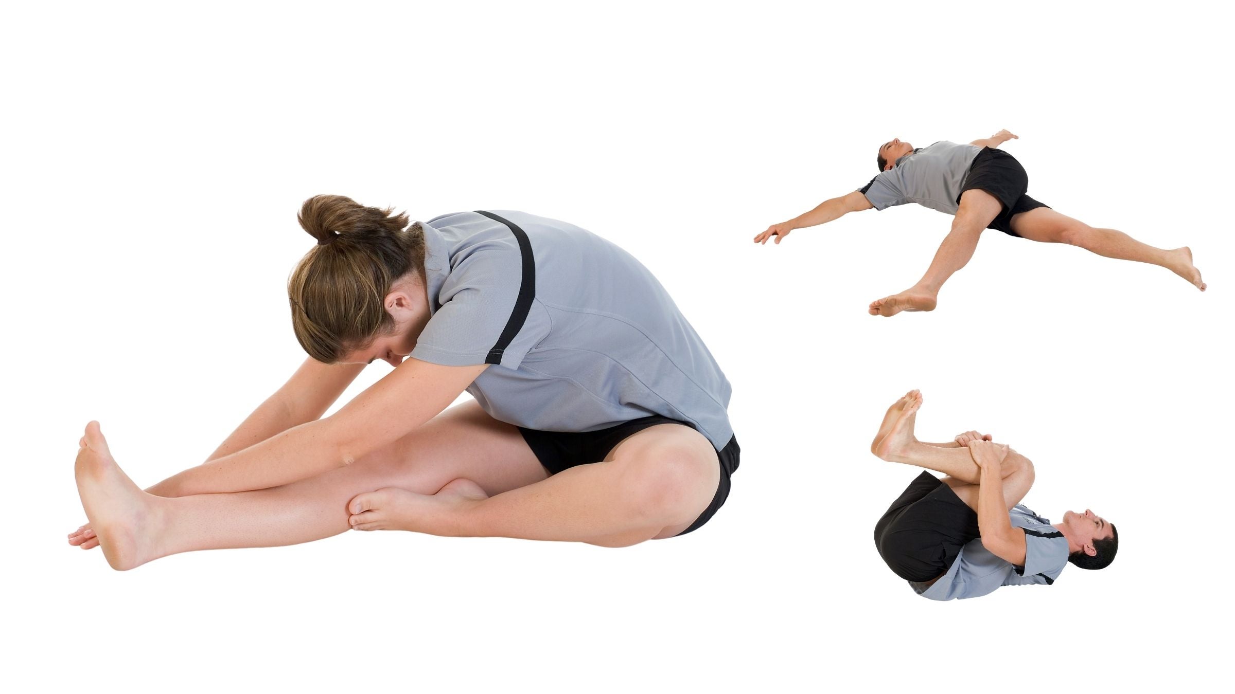 Three people performing the best back stretches for triathletes.