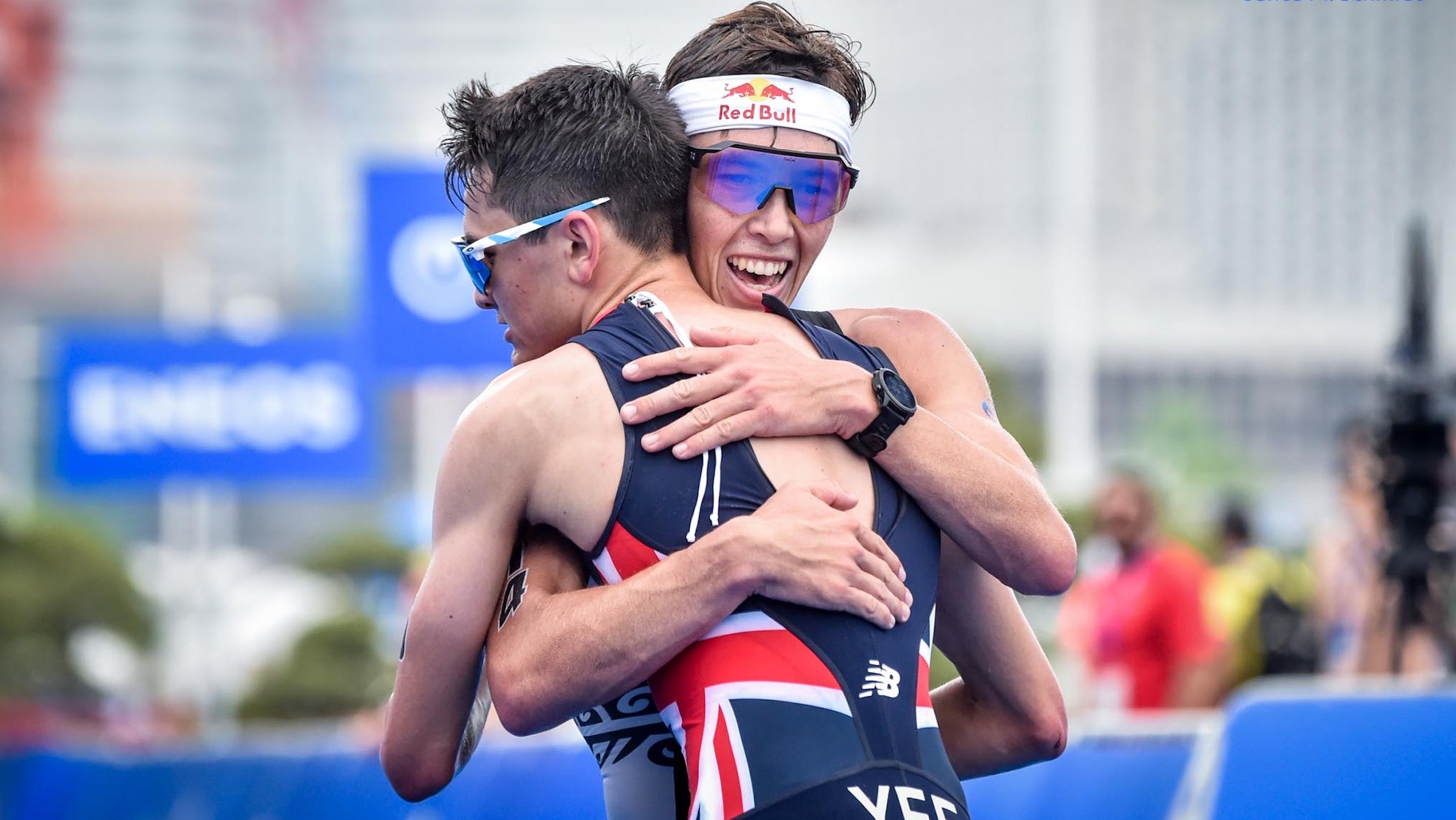 Alex Yee and Hayden Wilde hug after a race during their rivalry.