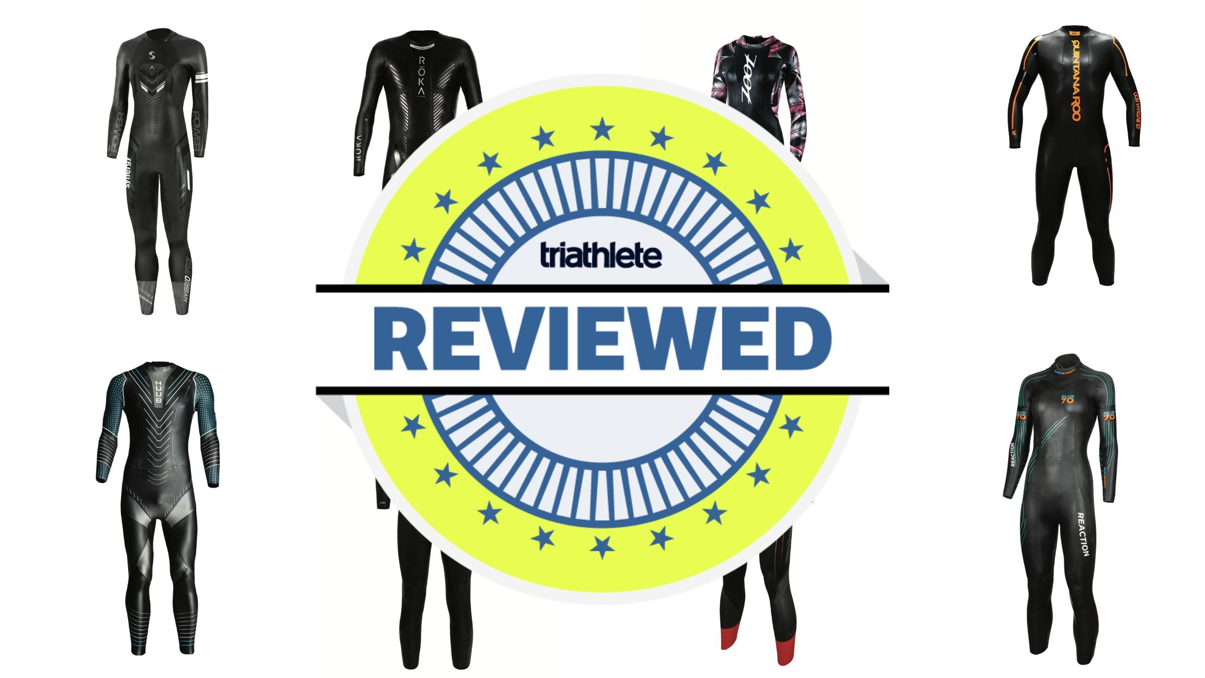 Eight of the best triathlon wetsuits of 2022 surround a "reviewed" logo.