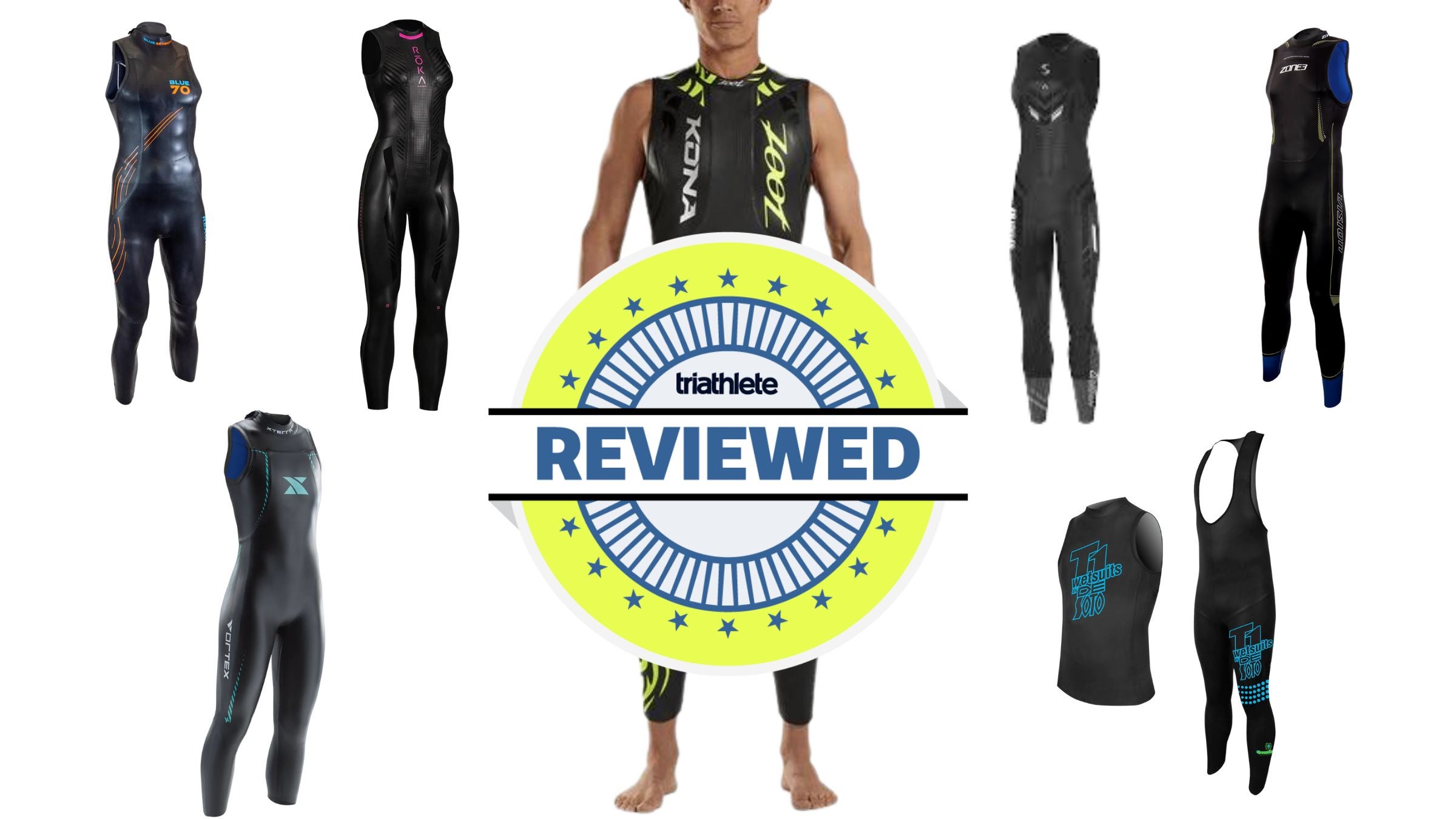 A collage of the best sleeveless triathlon wetsuits