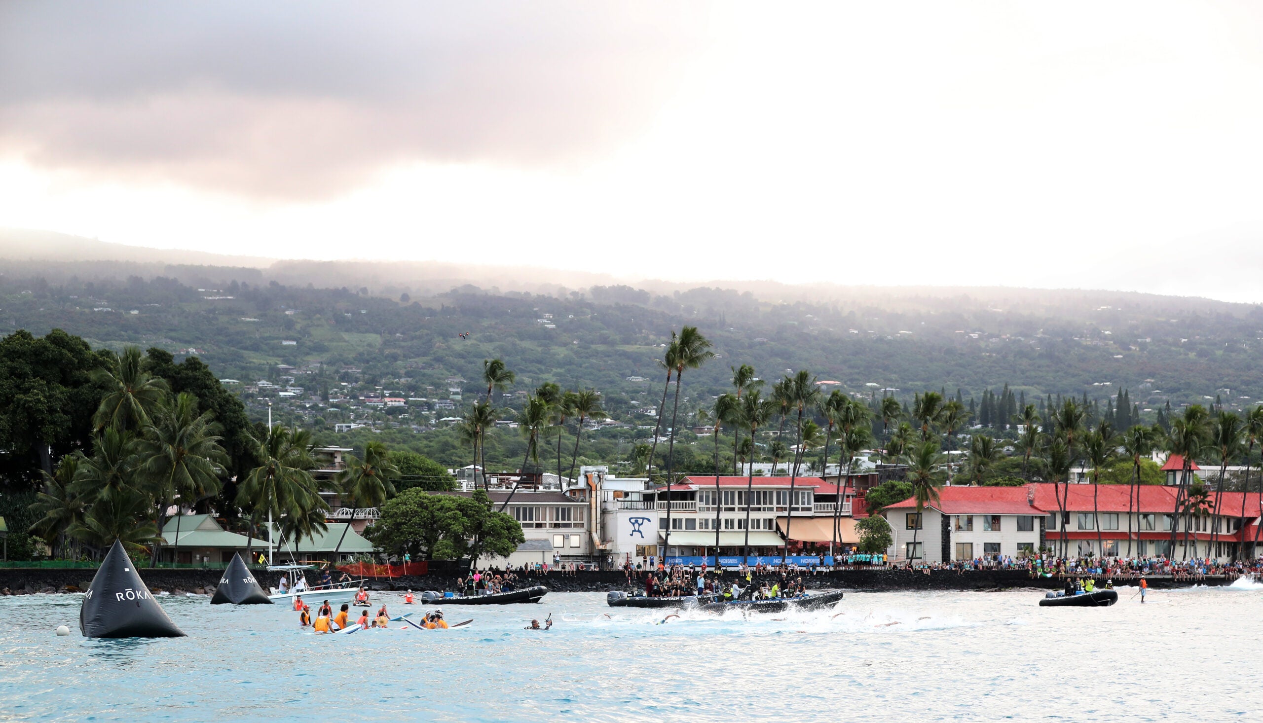 Swimmers compete in the Ironman World Championships on October 12, 2019 in Kailua Kona, Hawaii.