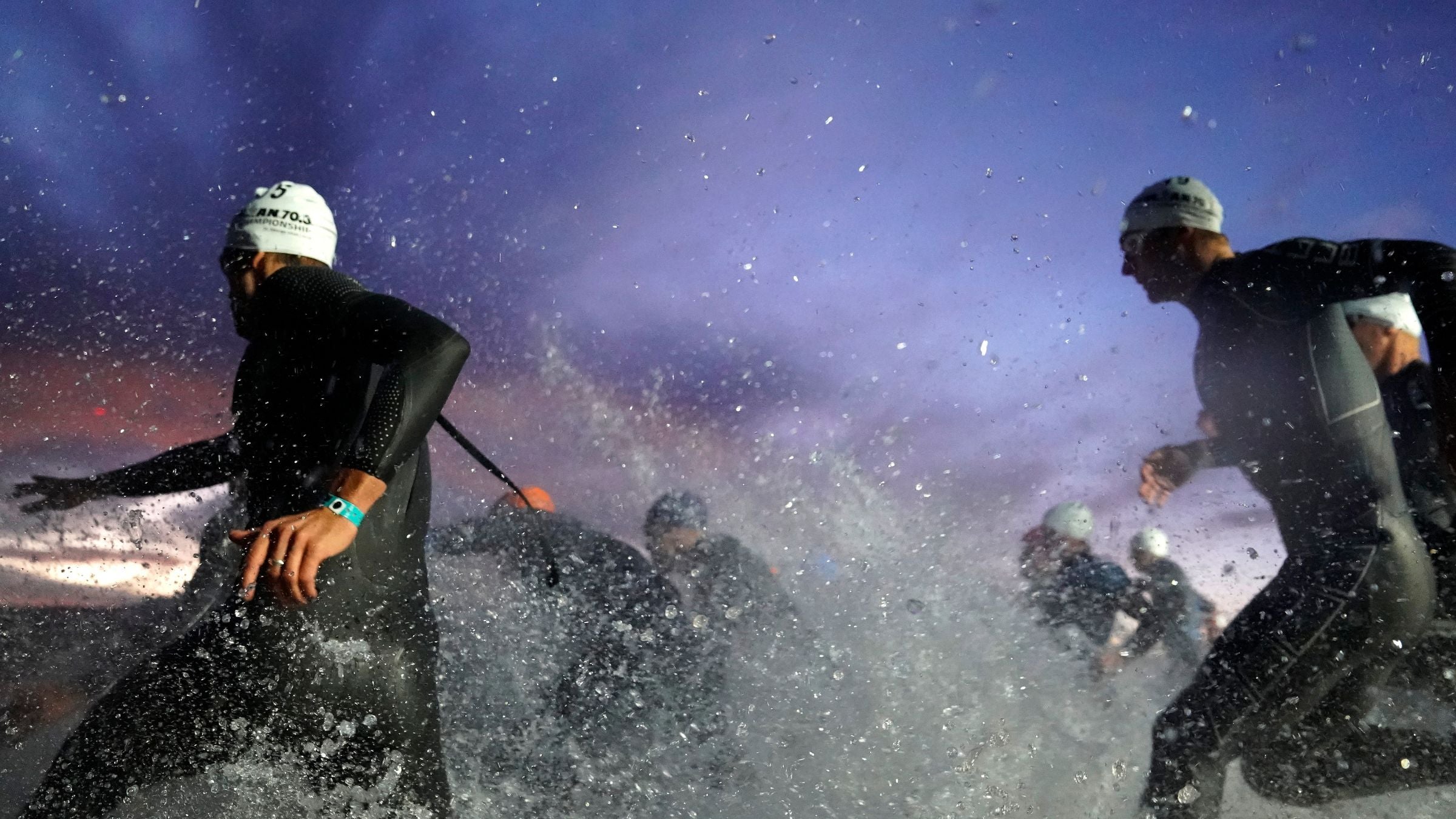 The swim start of the men's pro race, with a deep start list Ironman 70.3 World Championship.