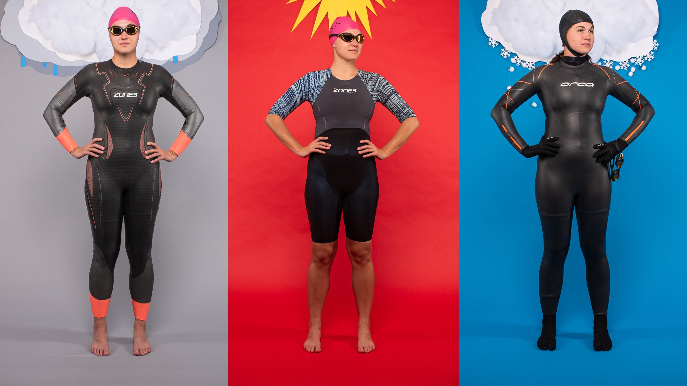 A model demonstrates what to wear for every open water swim, by temperature