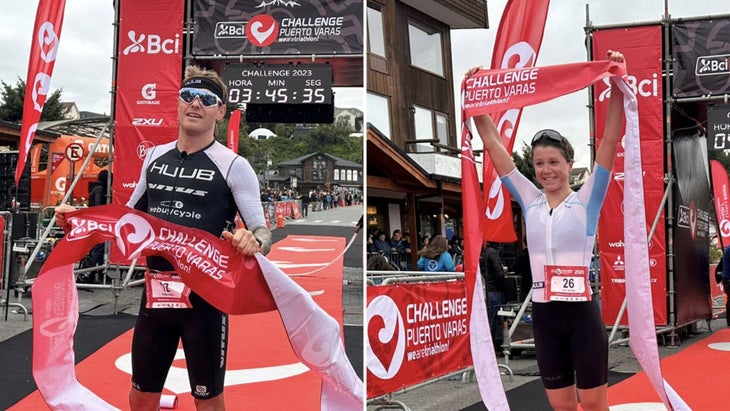 Tom Bishop (izquierda) y Lucy Byram (derecha) batieron el récord en Challenge Puerto Varas.