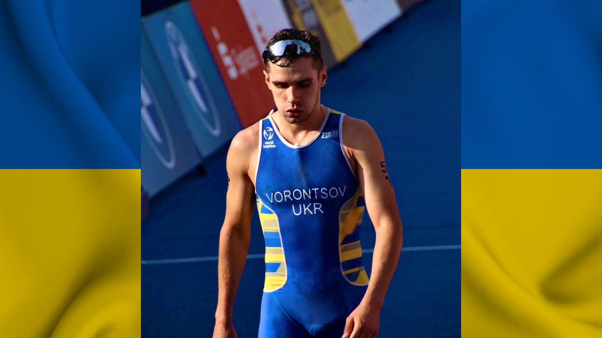Vitalii Vorontsov, a triathlete from the Ukraine, crosses the finish line on his quest to the Olympics