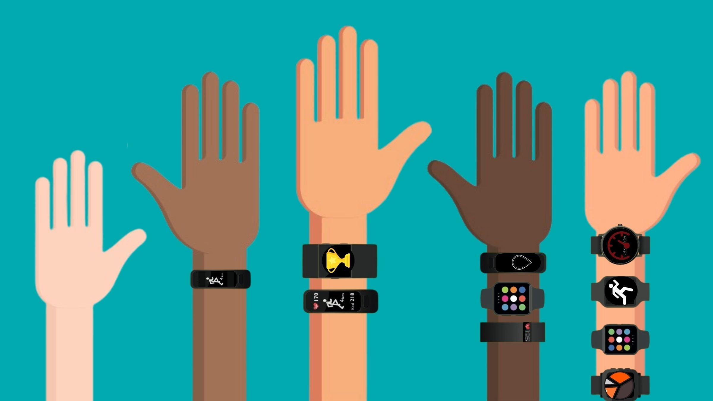 A row of hands and wrists with triathlon technology smartwatches