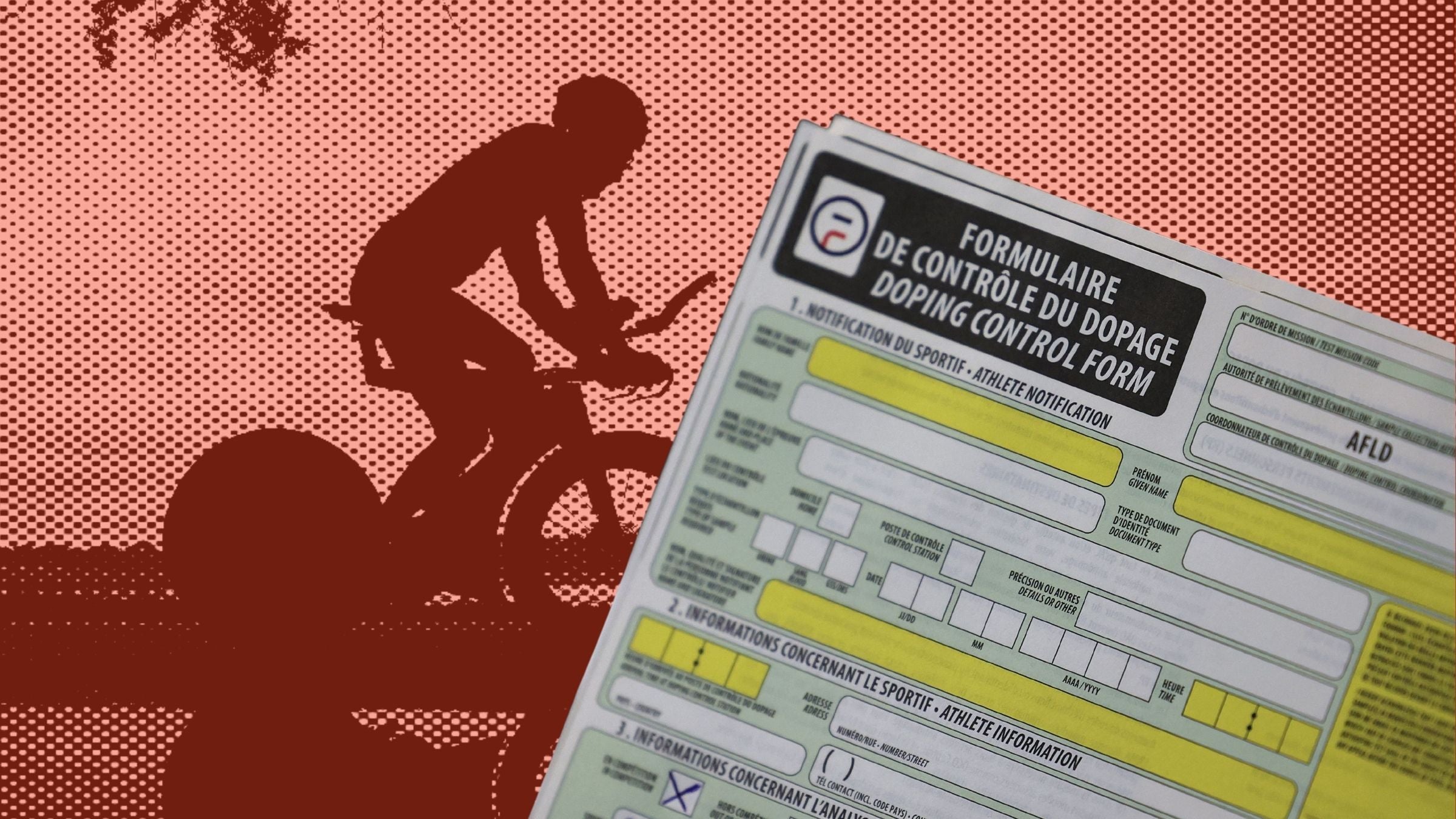 A drug testing in triathlon form and a silhouette of a triathlete racing.